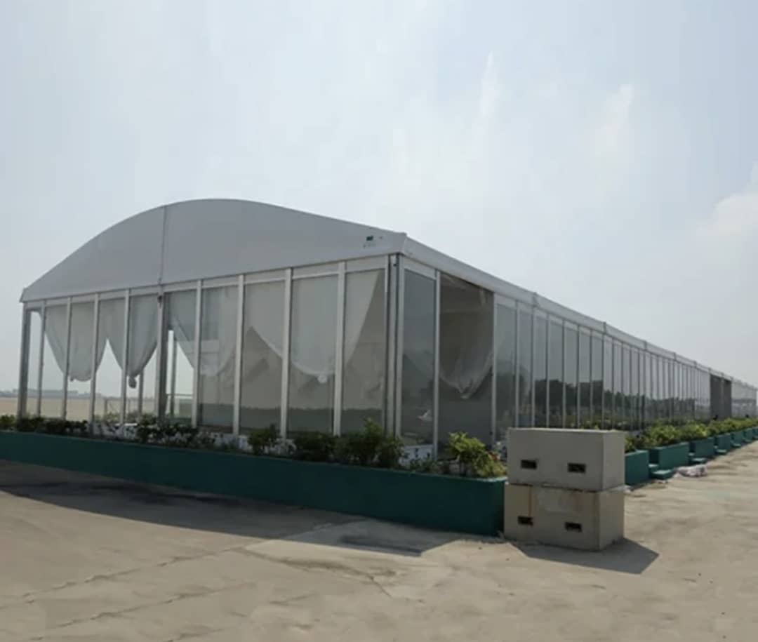 dining hall with warehouse tents